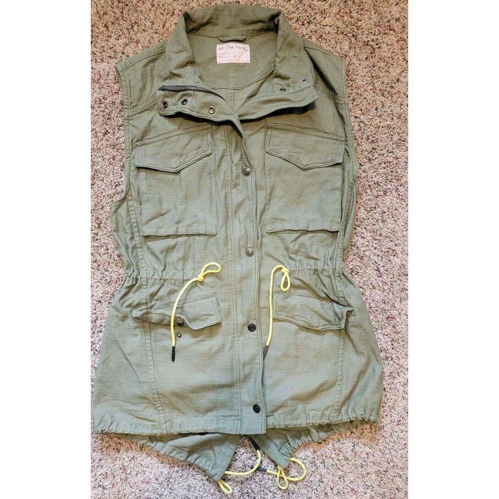 Free People Fresh Cotton Washed Army Green‎ Utility Vest Yellow Cinch Tie Medium